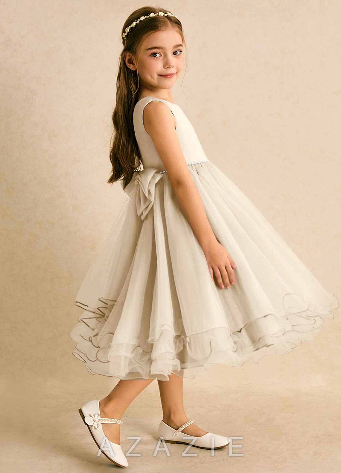 Azazie Lass Champagne A-Line Bow Tulle Dress champagne