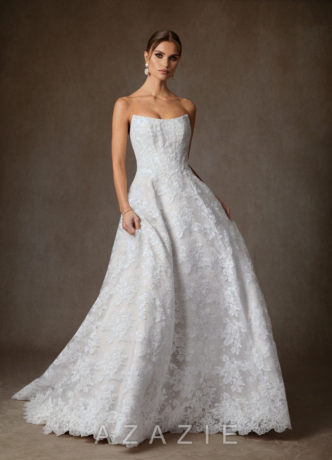 Azazie Layla Diamond White Ball-Gown Strapless Lace Dress