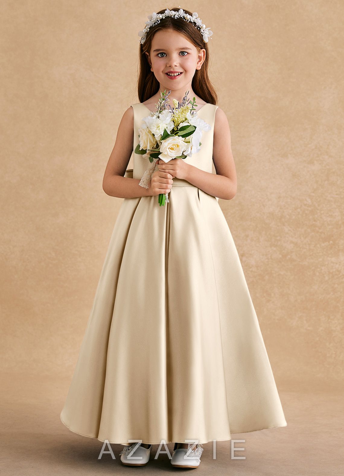 Azazie Honey Bear Champagne A-Line Pleated Matte Satin Dress champagne