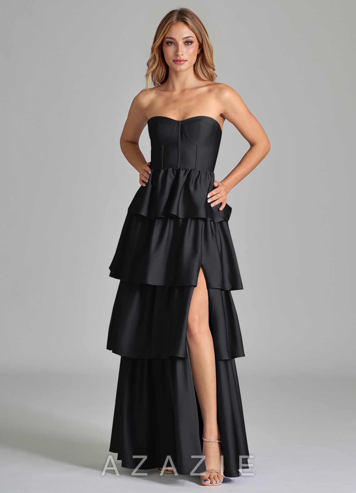 Azazie Faye Black A-Line Ruched Stretch Satin Dress black