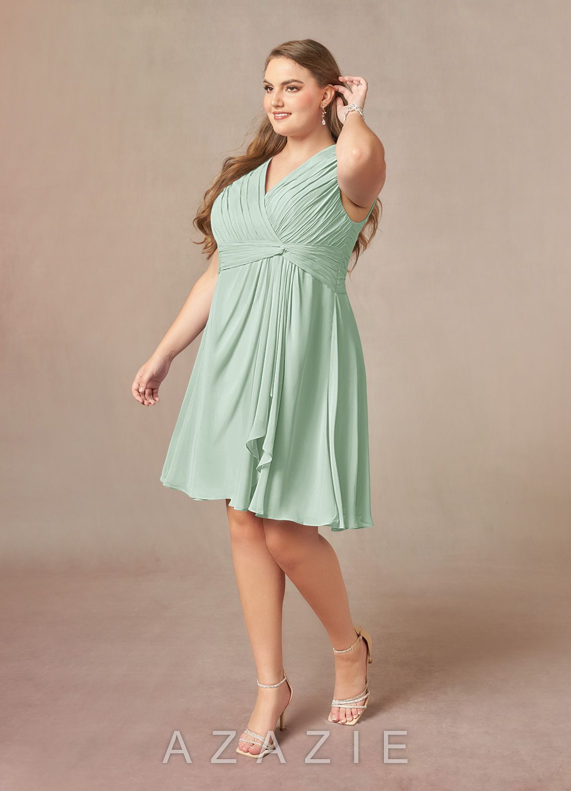 Azazie Theron Agave A-Line V-Neck Pleated Chiffon Dress agave