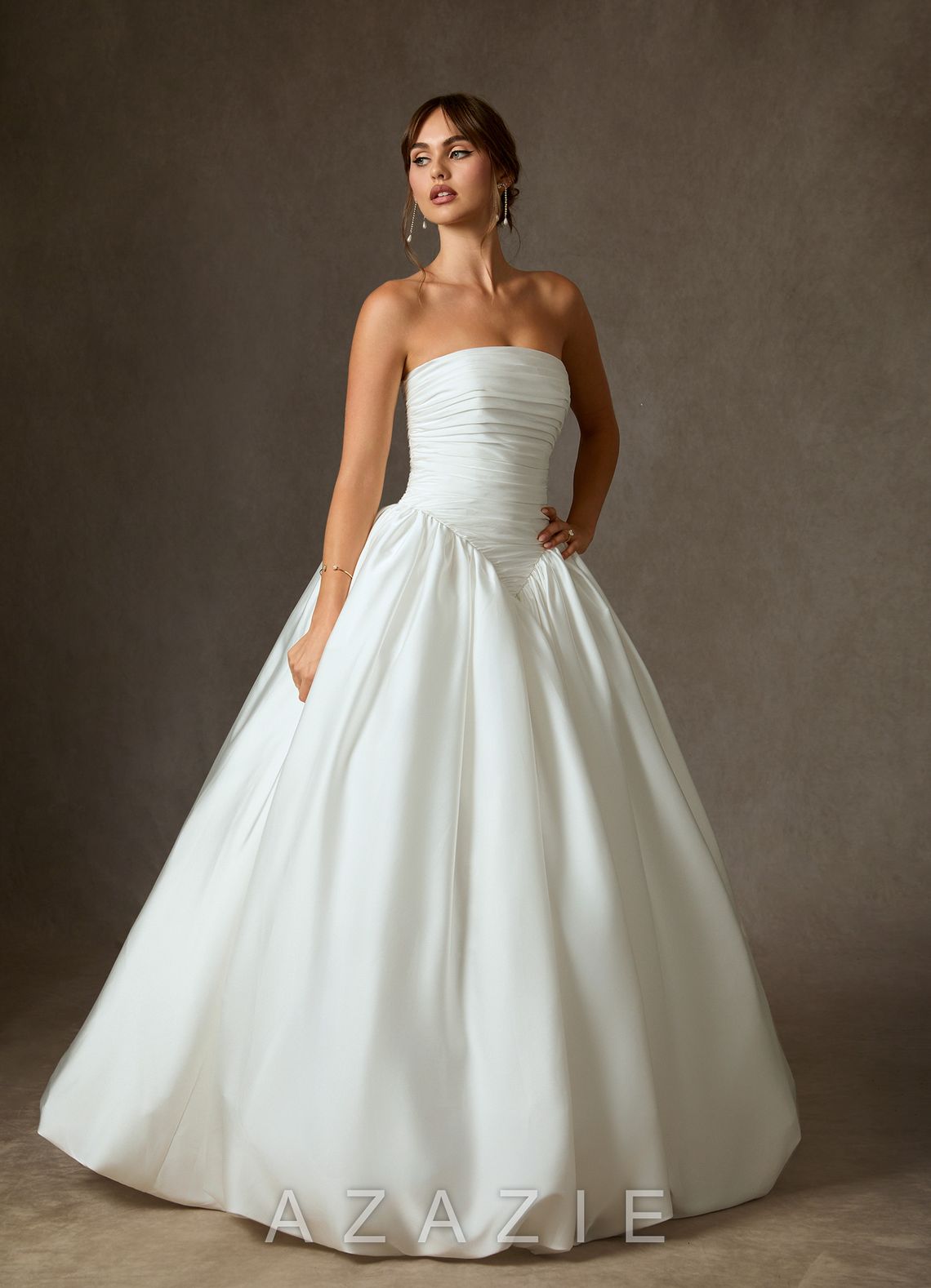 Azazie Shae Diamond White Ball-Gown Strapless Stretch Satin Dress