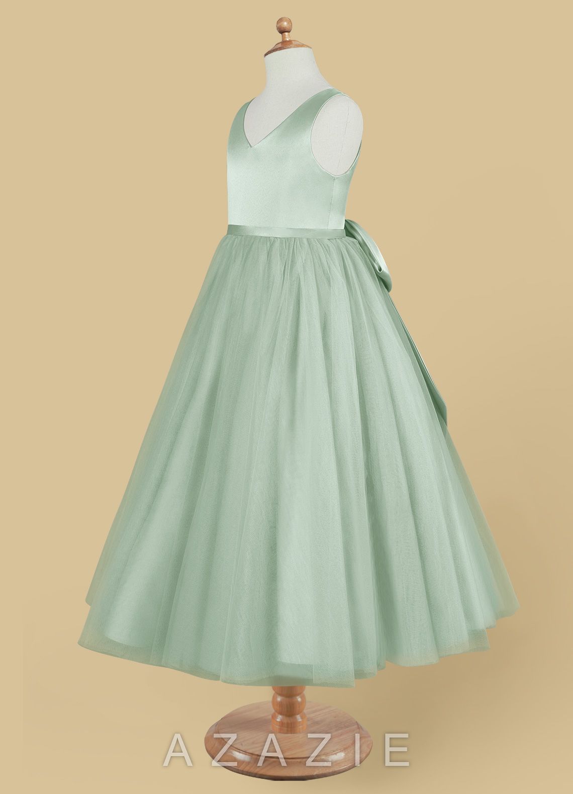 Azazie Marybell Agave A-Line Bow Tulle Dress agave
