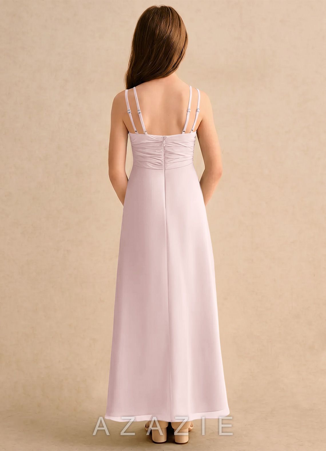 Azazie Zaida Girls Formal Blushing Pink A-Line Pleated Chiffon Dress blushing_pink