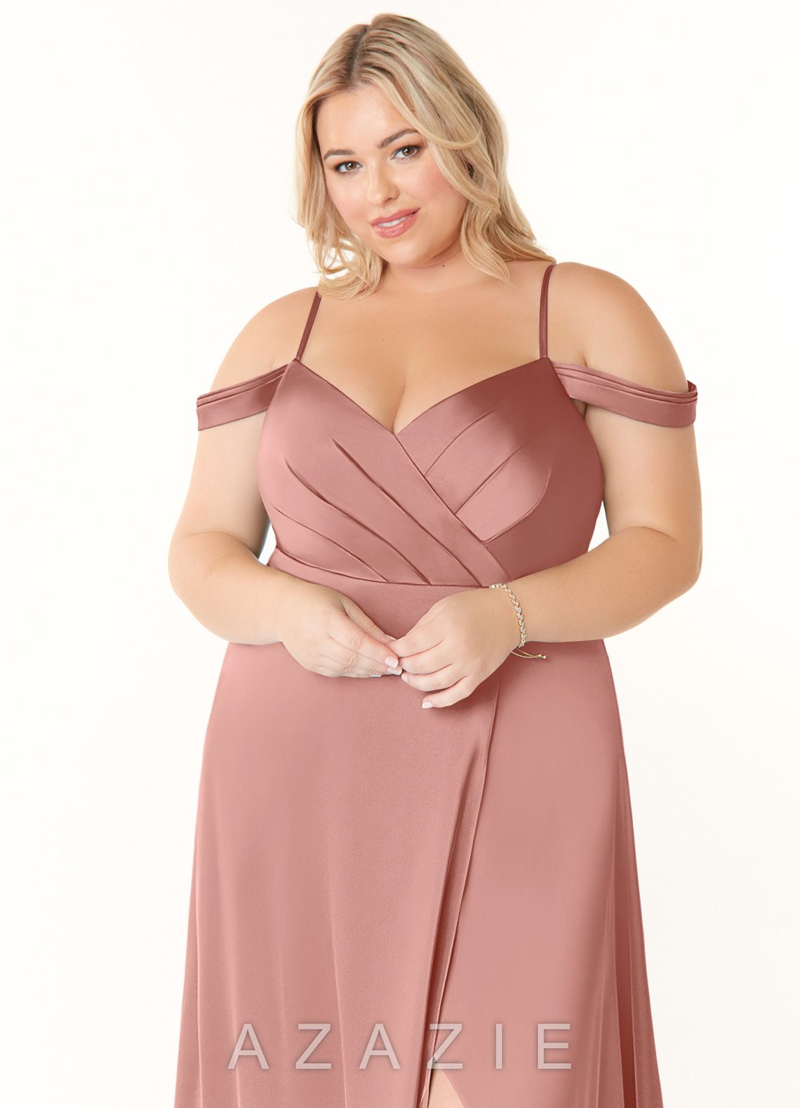 Azazie Ocean Rosette A-Line V-Neck Pleated Stretch Satin Dress rosette