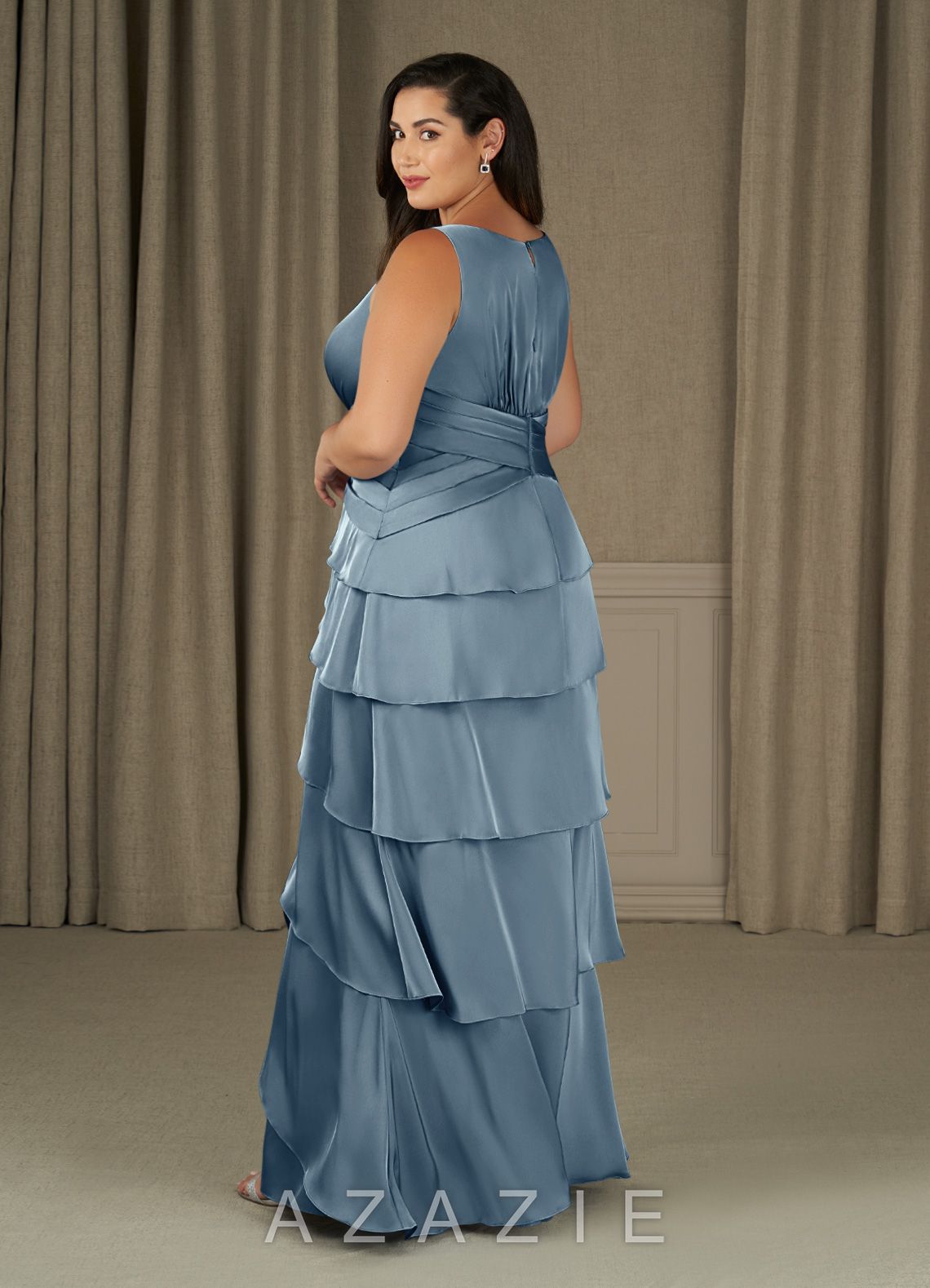 Azazie Viola Dusty Blue A-Line Pleated Stretch Satin Dress dusty_blue