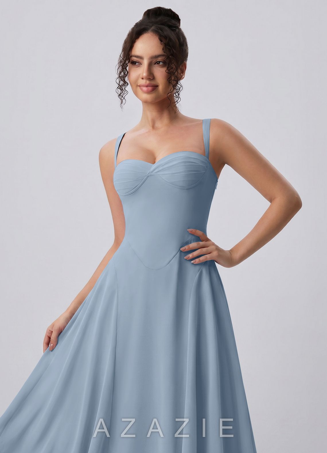 Huguette Dusty Blue Sweetheart Lace-Up Chiffon Midi Dress