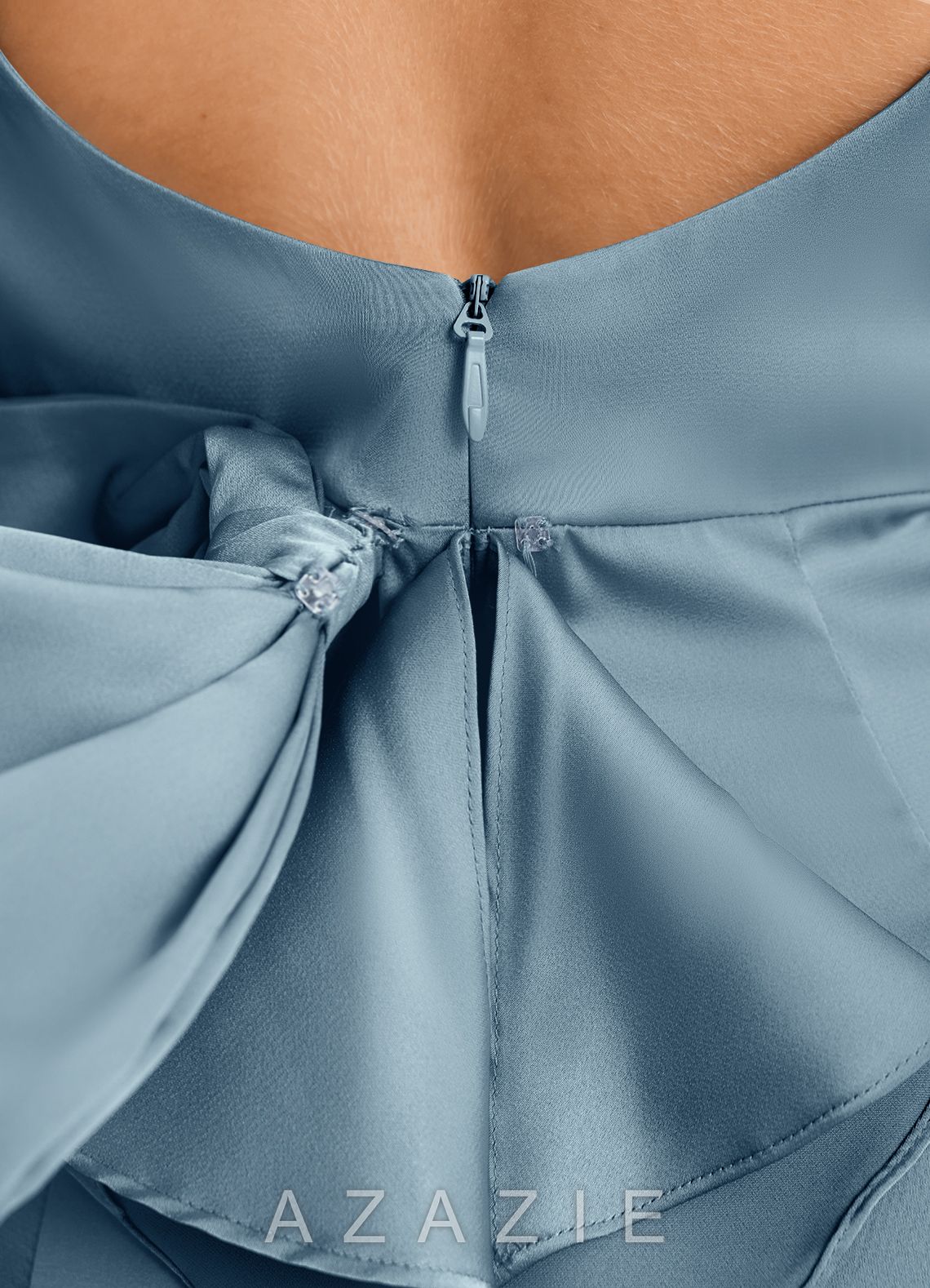 Azazie Ayah Junior Dusty Blue Mermaid High Neck Stretch Satin Dress dusty_blue