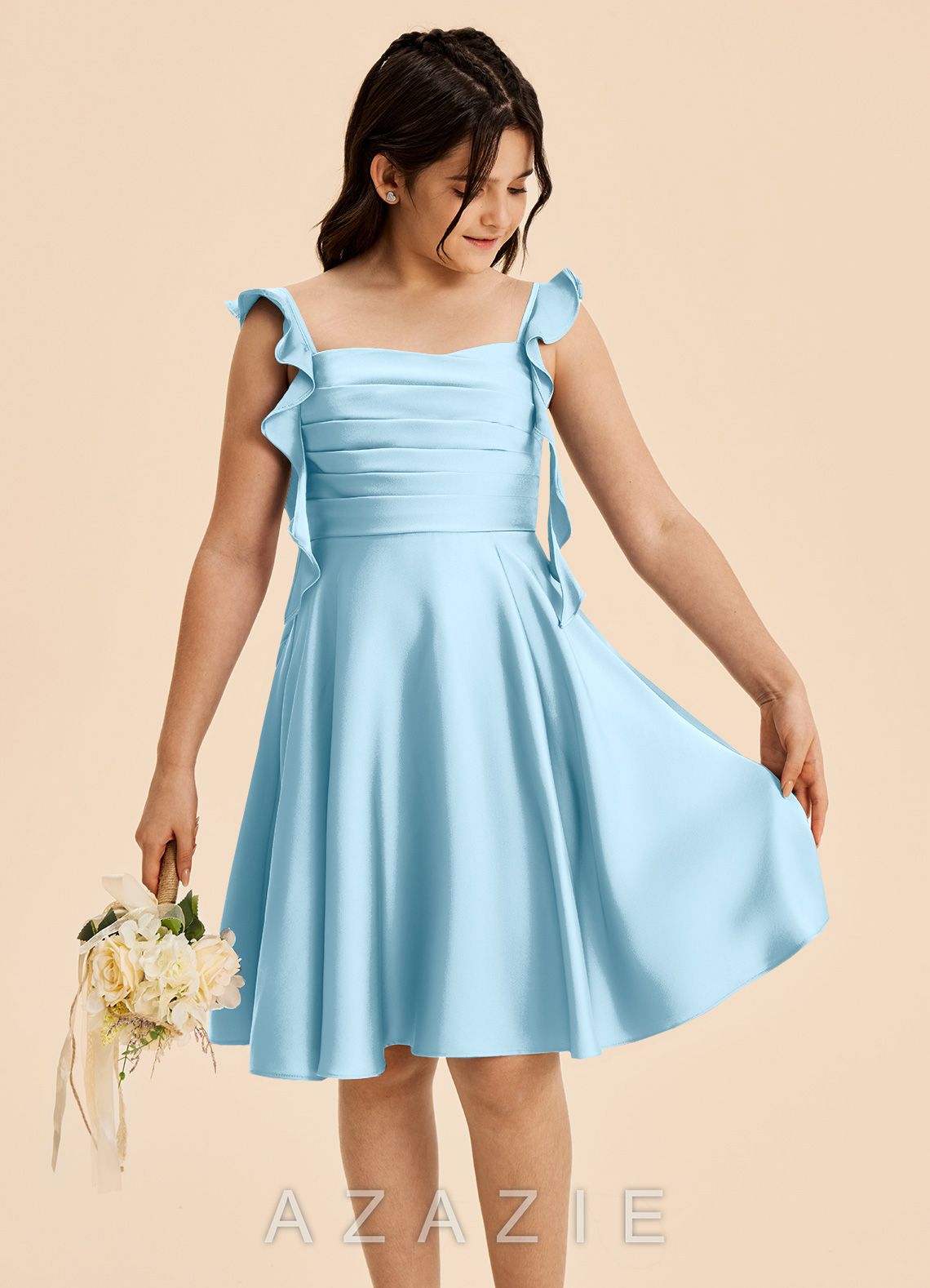 Azazie Kira Junior Sky Blue A-Line Ruched Stretch Satin Dress sky_blue