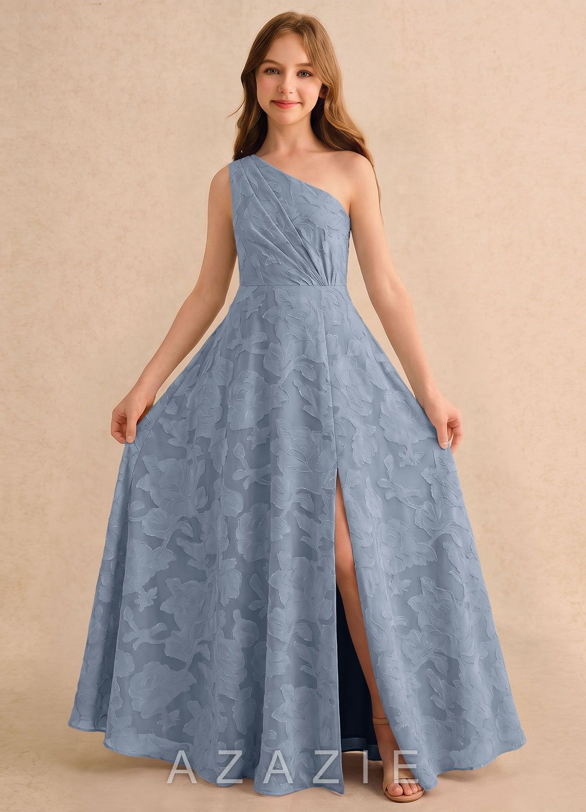 Azazie Pudles Girls Formal Dusty Blue A-Line One Shoulder Floral Burnout Dress