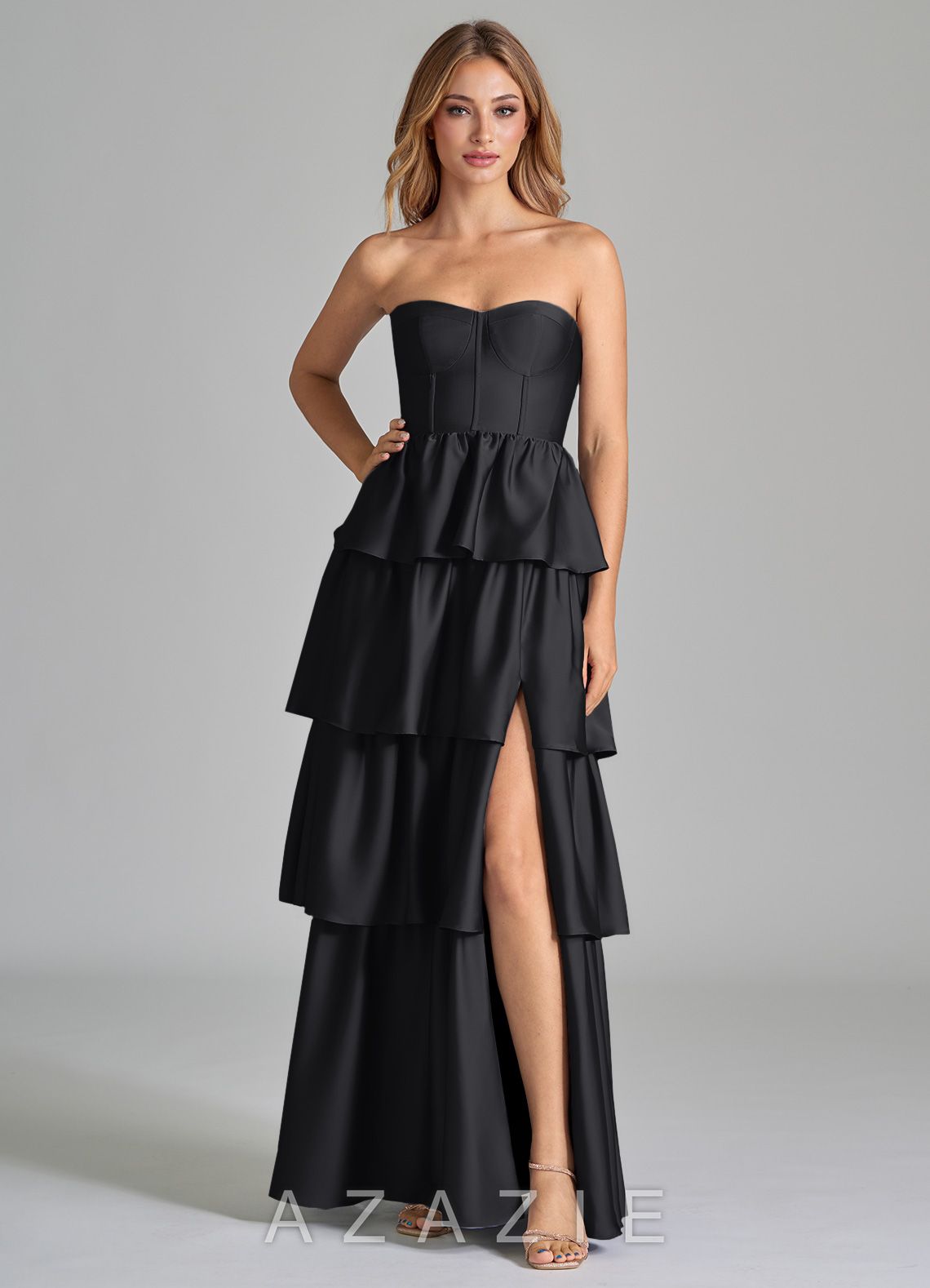 Azazie Faye Black A-Line Ruched Stretch Satin Dress black