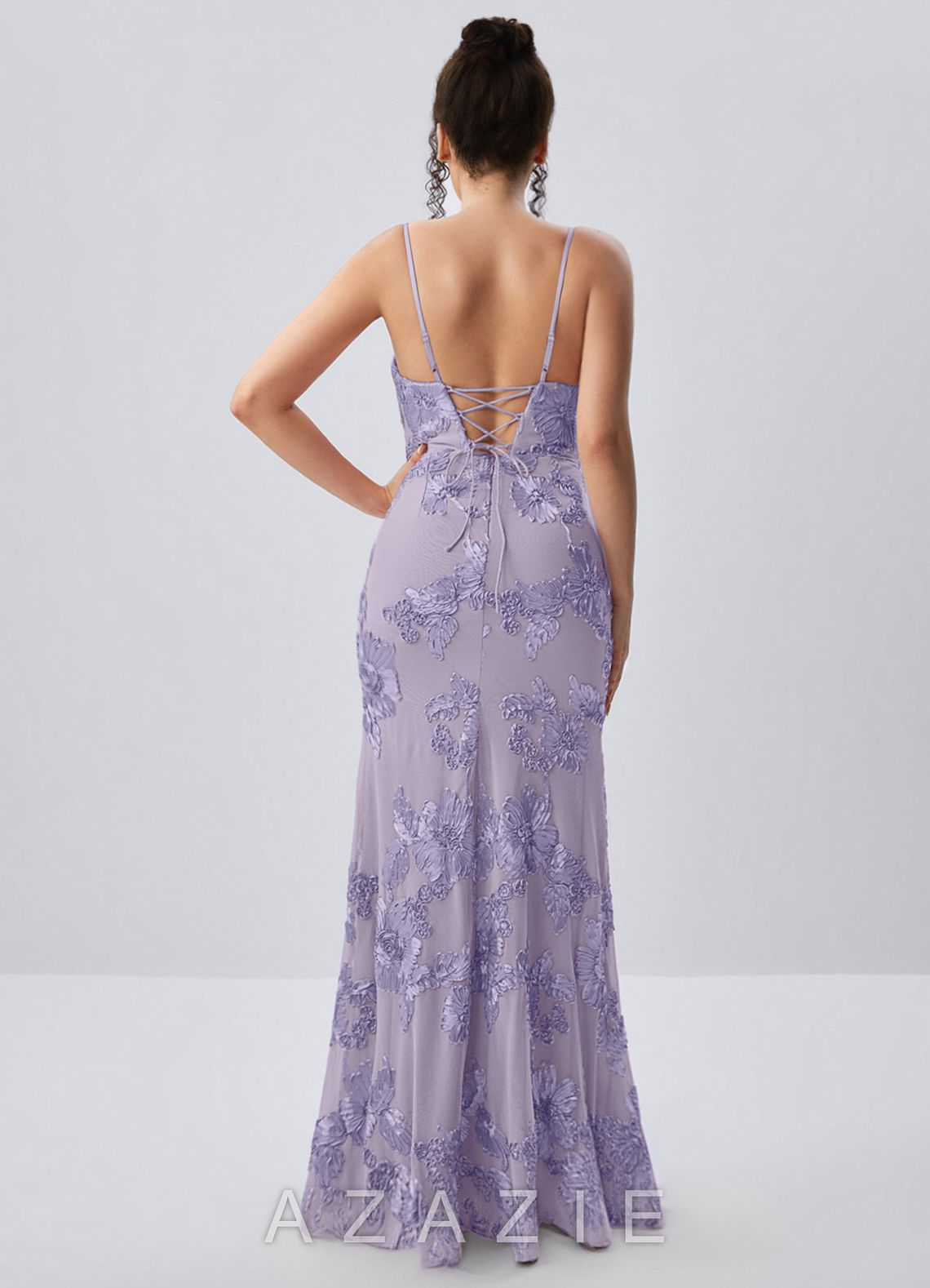 Ivelisse Pale Purple Floral Trim High Slit Maxi Dress