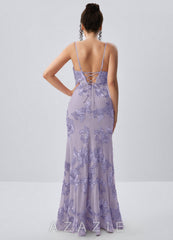 Ivelisse Pale Purple Floral Trim High Slit Maxi Dress