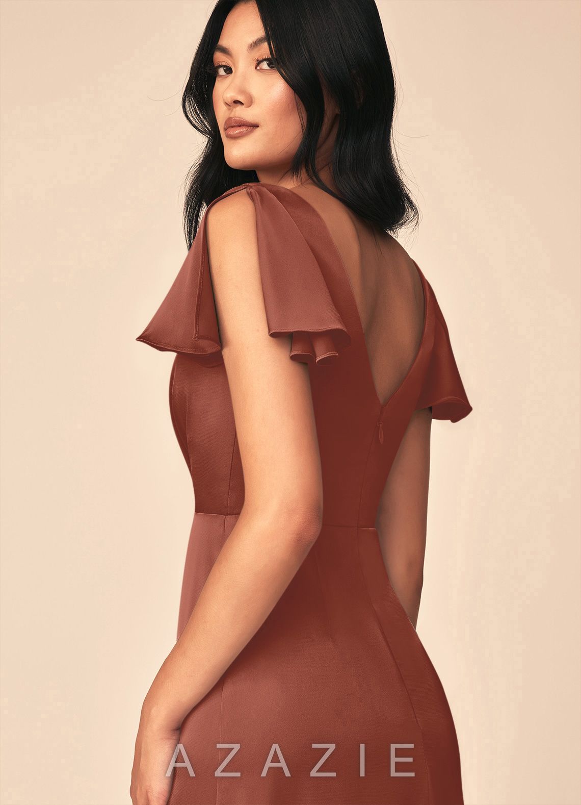 Azazie Soren Auburn A-Line Pleated Stretch Satin Dress auburn
