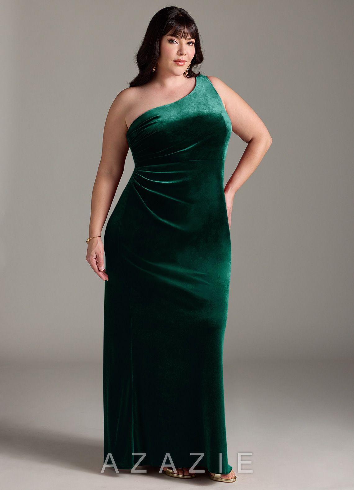 Azazie Argan Emerald Mermaid One Shoulder Pleated Velvet Dress emerald