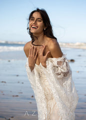 Azazie Memphis Wedding Dress Diamond White Nude Mermaid V-Neck Sequins Lace Dress