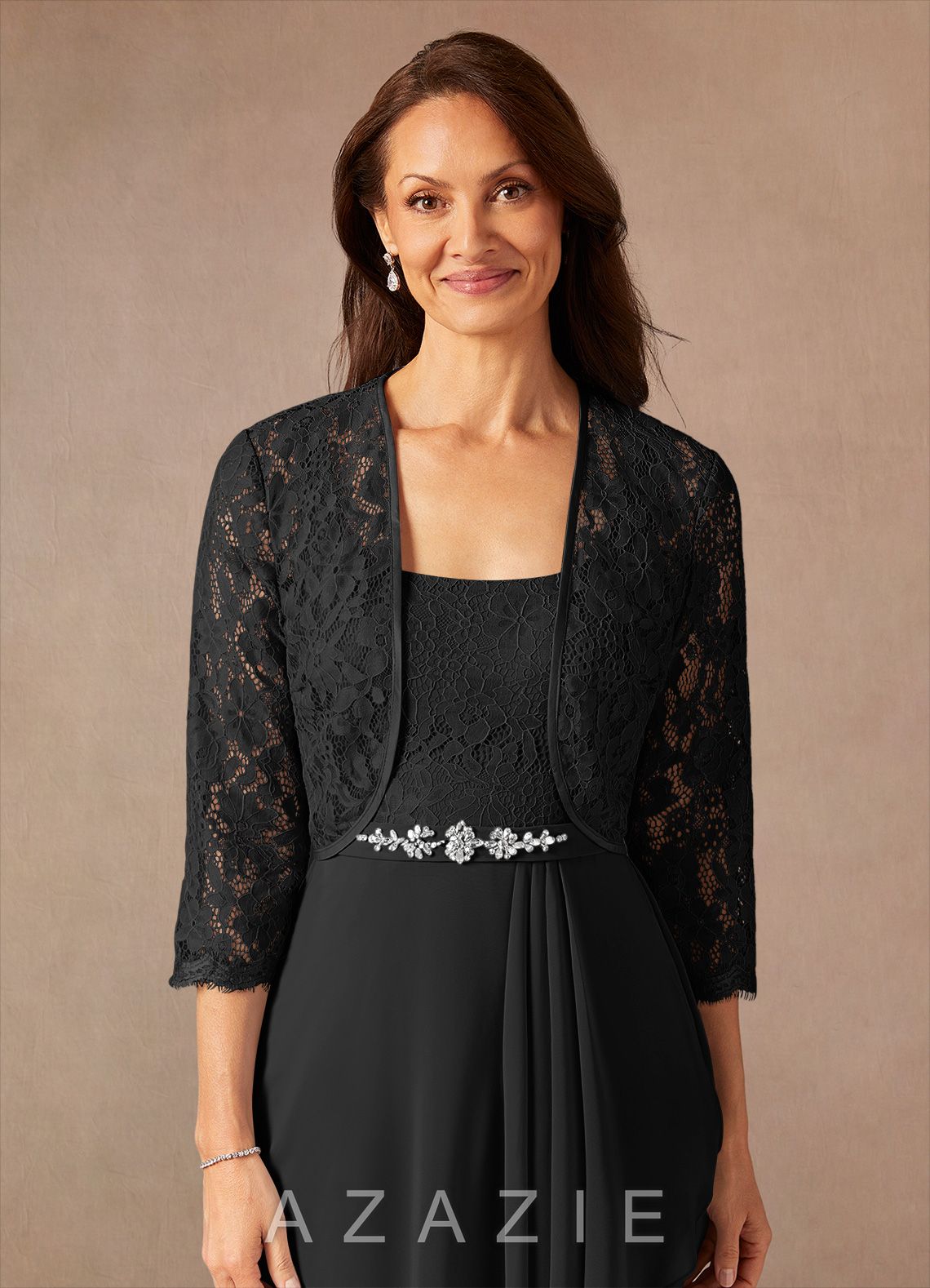 Azazie Ainsling Black A-Line Square Neckline Lace Chiffon Dress black