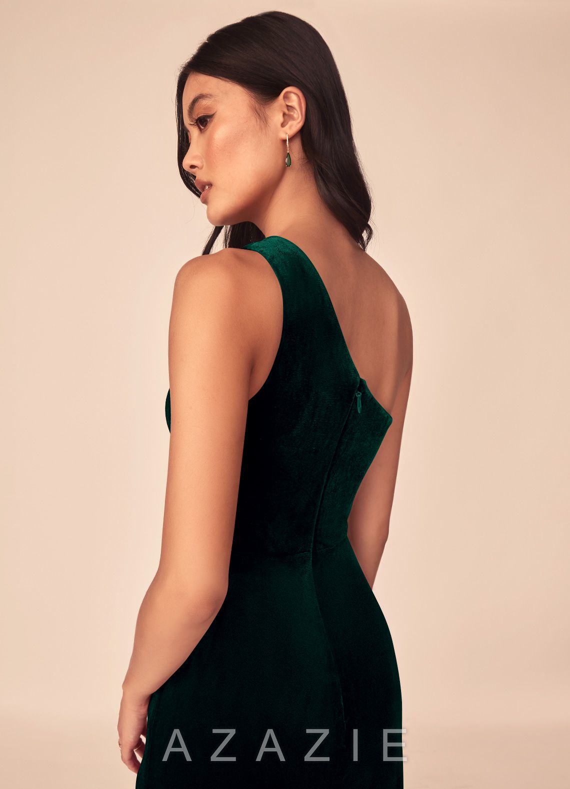 Azazie Argan Emerald Mermaid One Shoulder Pleated Velvet Dress emerald