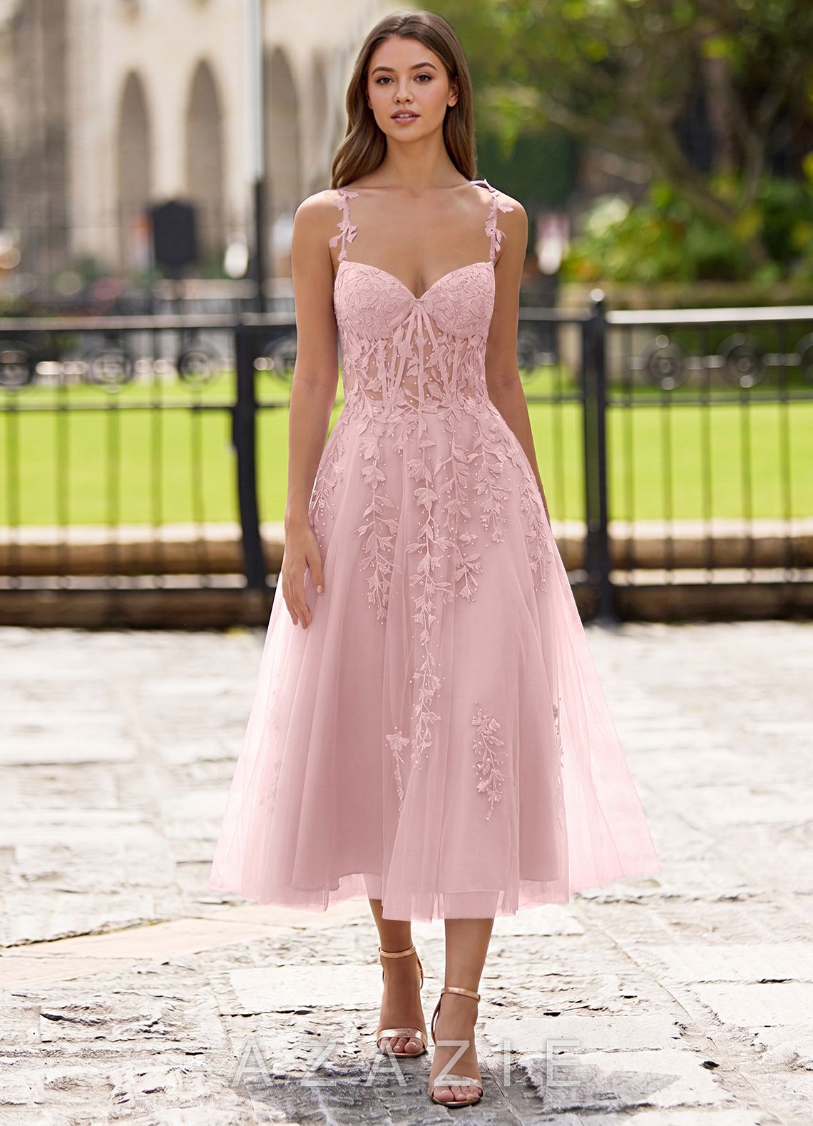 Zosia Blushing Pink Lace A-line Lace Up Back Midi Dress