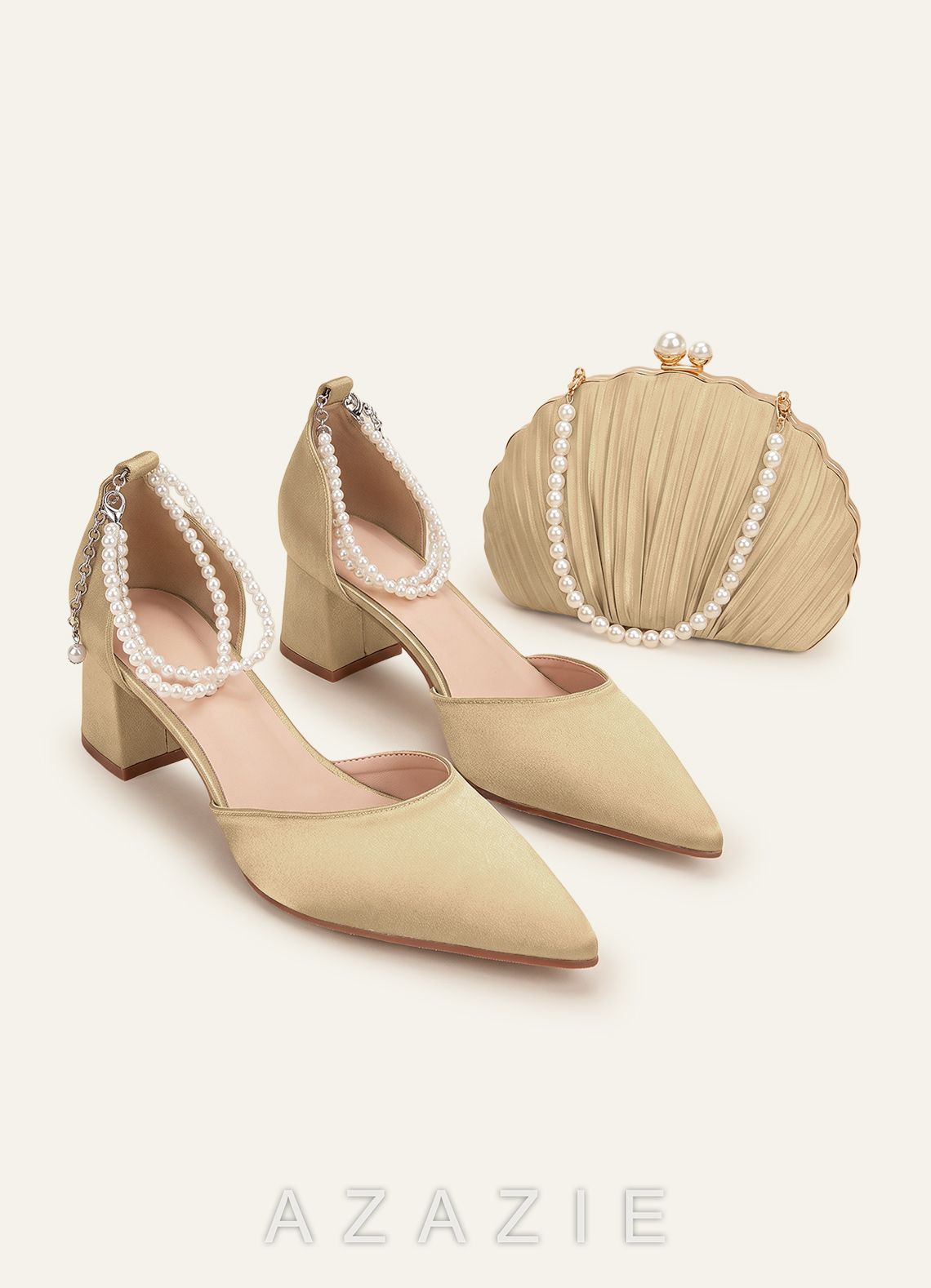 Matching Color Metallic Satin Pearl Strap Pointed Toe Block Heels & Shell-Shape Pleated Clutch Bag  champagne