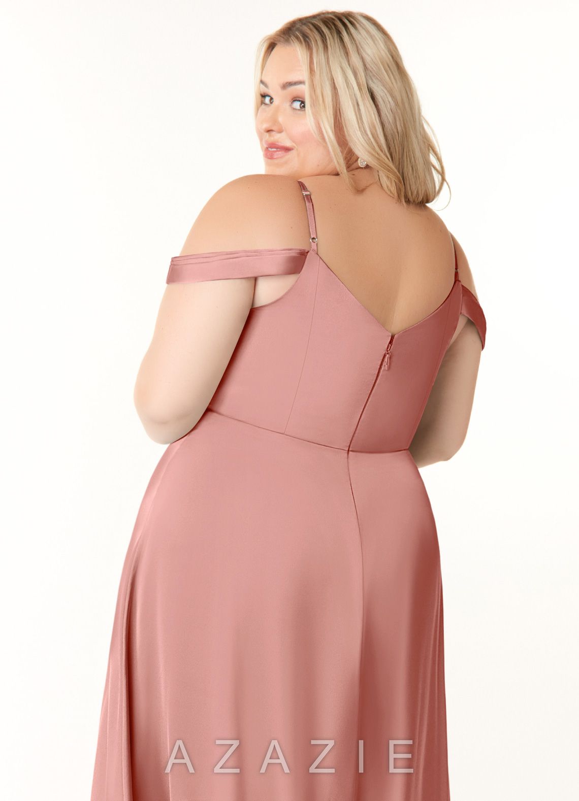 Azazie Ocean Rosette A-Line V-Neck Pleated Stretch Satin Dress rosette