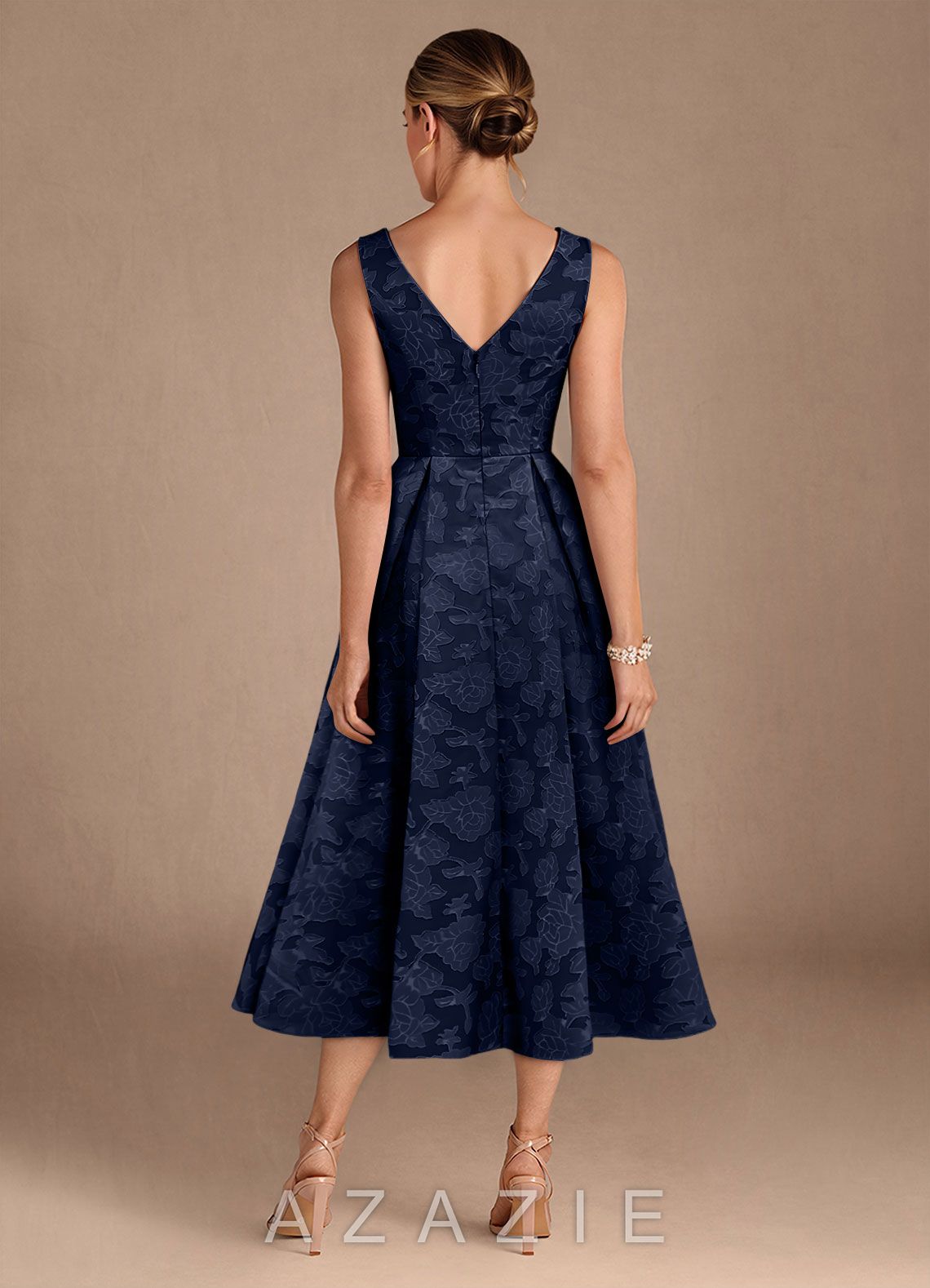 Azazie Fulton Dark Navy A-Line Pleated Floral Burnout Dress dark_navy