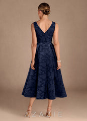Azazie Fulton Dark Navy A-Line Pleated Floral Burnout Dress dark_navy