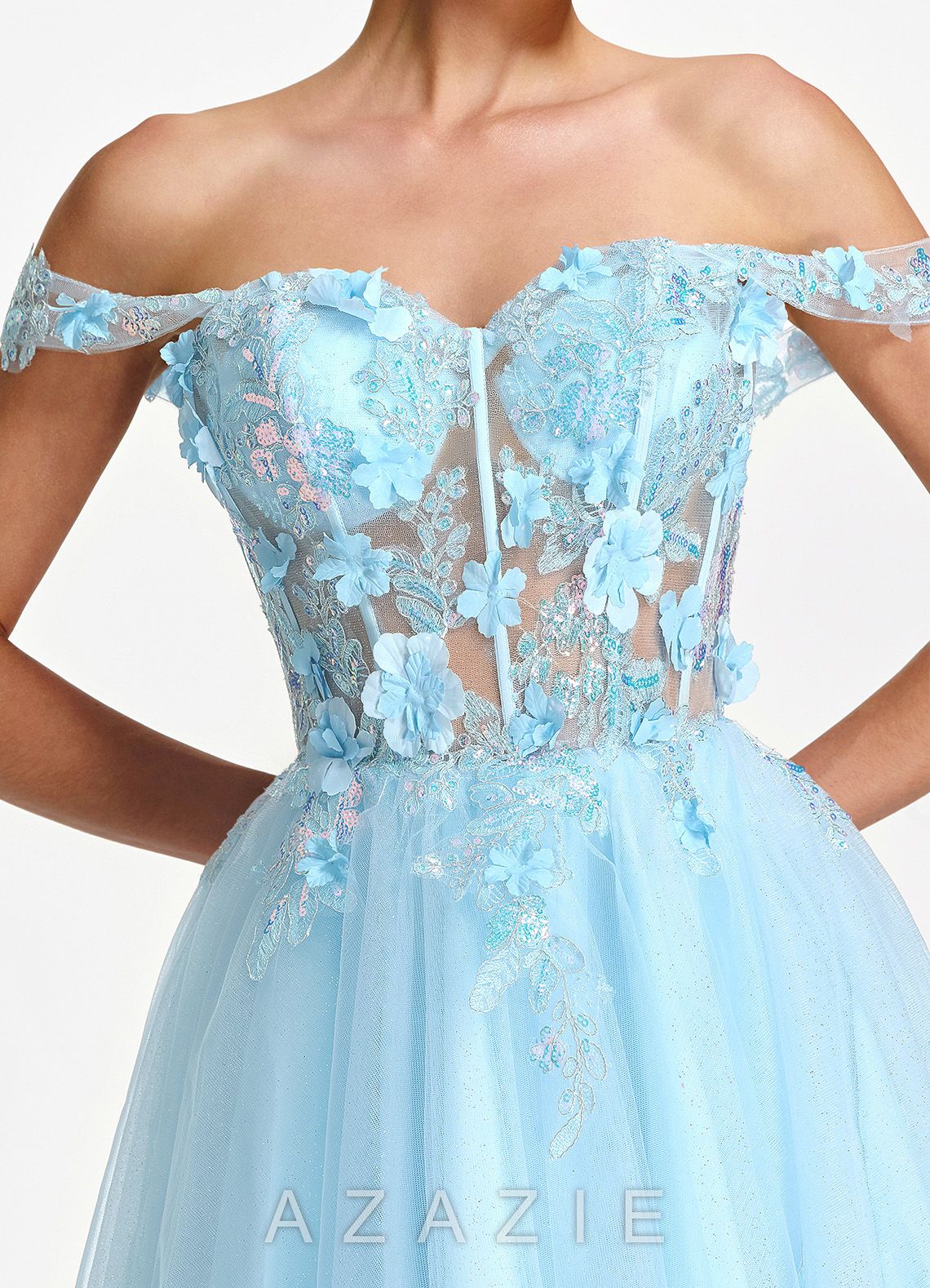 Eudaimonia Light Blue 3D Flower Sequin Embroidery Corset Off-the-Shoulder Tulle 