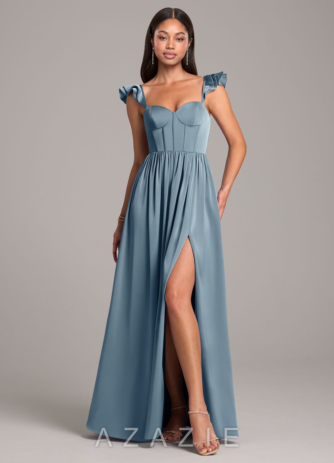 Azazie Denisse Dusty Blue A-Line Ruched Stretch Satin Dress
