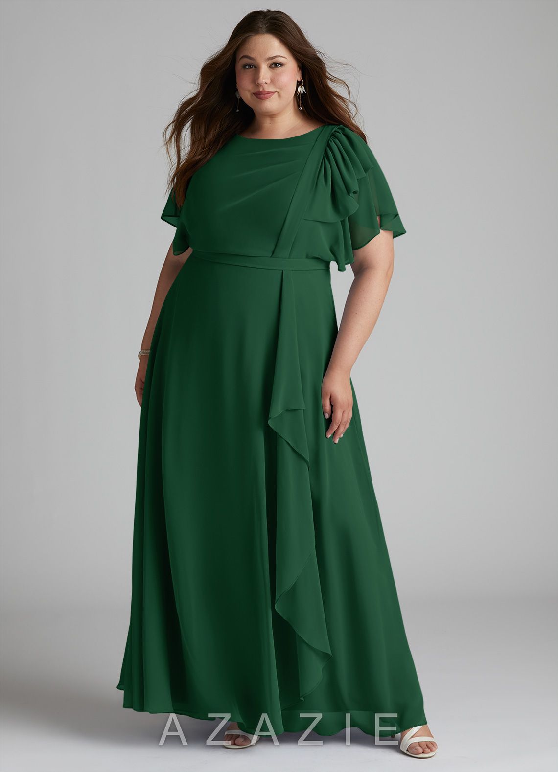 Azazie Aaliyah A-Line Scoop Pleated Chiffon Floor-Length Dress dark_green