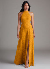 Azazie Clarice Butterscotch A-Line Side Slit Floral Burnout Dress
