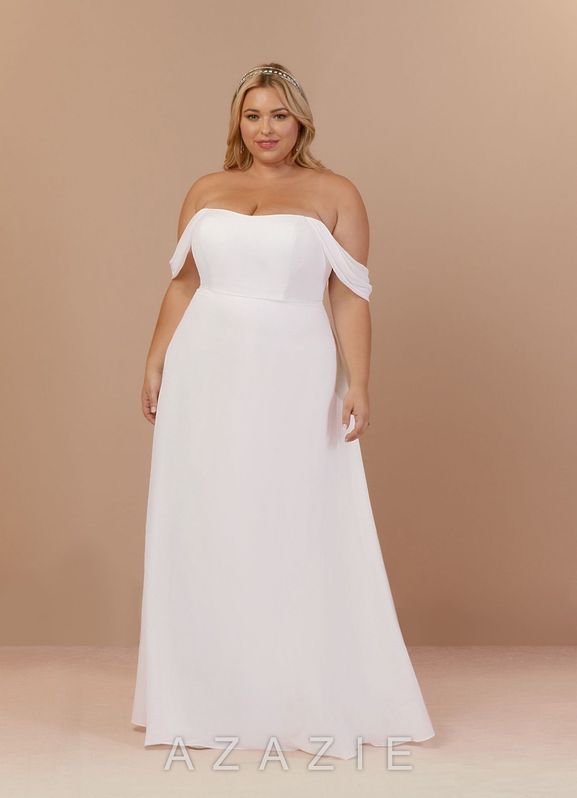 Azazie Ava Wedding Dress Diamond White A-Line Off the Shoulder Stretch Chiffon Dress diamond_white