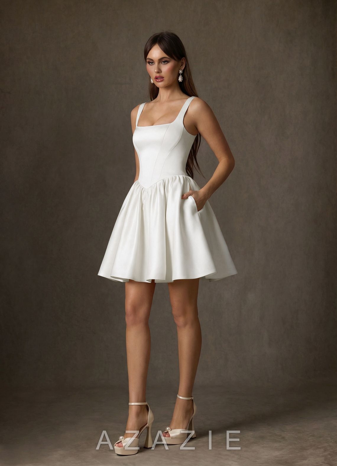 Azazie Saverina Diamond White A-Line with Pockets Satin Dress diamond_white
