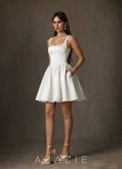 Azazie Saverina Diamond White A-Line with Pockets Satin Dress diamond_white
