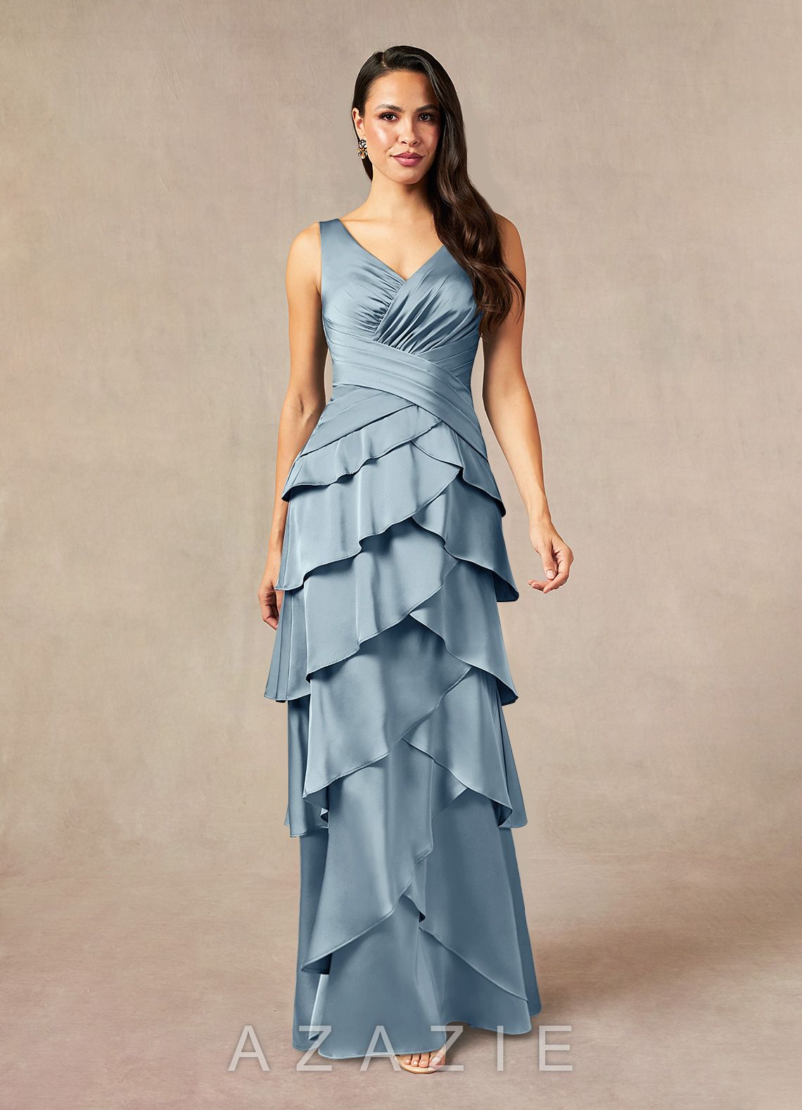 Azazie Viola Dusty Blue A-Line Pleated Stretch Satin Dress dusty_blue