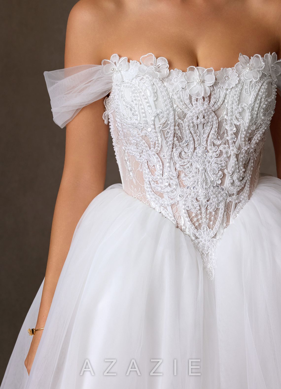 Azazie Sariyah Diamond White Ball-Gown Off the Shoulder Tulle Dress