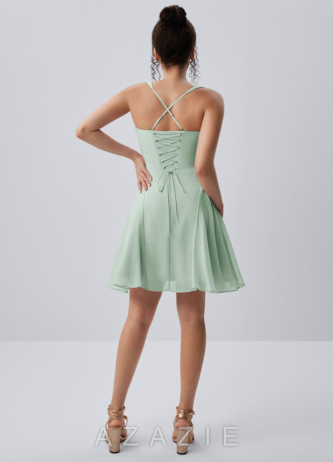Isadora Agave Green Spaghetti Strap Chiffon Lace-Up Skater Mini Dress