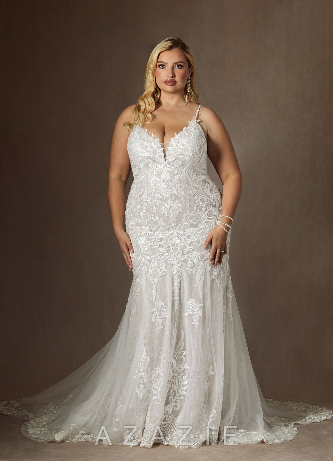Azazie Camlynn Wedding Dress Diamond White Mermaid V-Neck Sequins Tulle Dress diamond_white