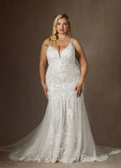 Azazie Camlynn Wedding Dress Diamond White Mermaid V-Neck Sequins Tulle Dress diamond_white