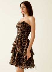 Clotilde Brown Leopard Ruffled A-line Corset Mini Dress