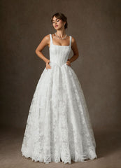Azazie Geneva Diamond White Ball-Gown Square Neckline Lace Dress diamond_white