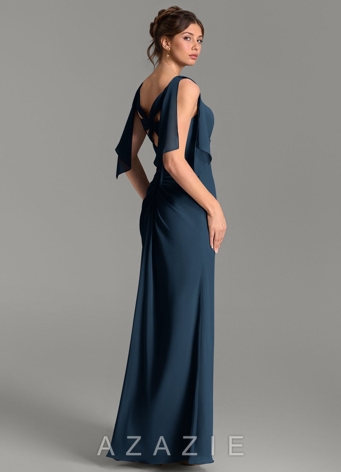Azazie Ember Dark Navy Sheath Pleated Chiffon Dress dark_navy