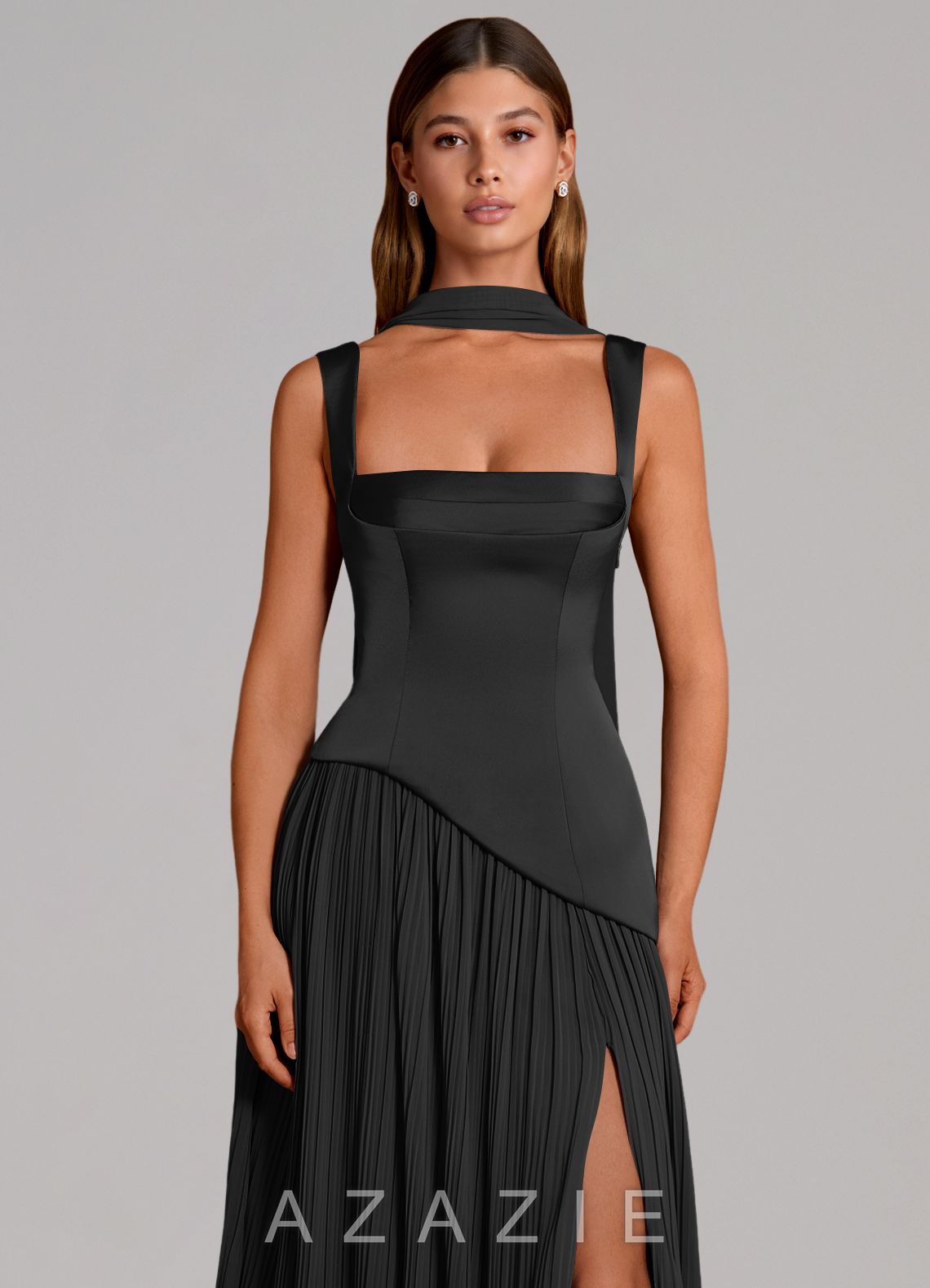 Azazie Stephanie Black A-Line Pleated Stretch Satin Dress black