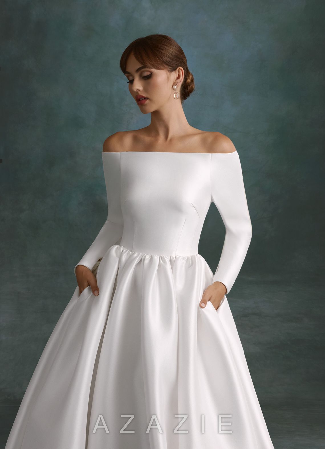 Azazie Cerese Diamond White Ball-Gown Off the Shoulder Mikado Dress diamond_white
