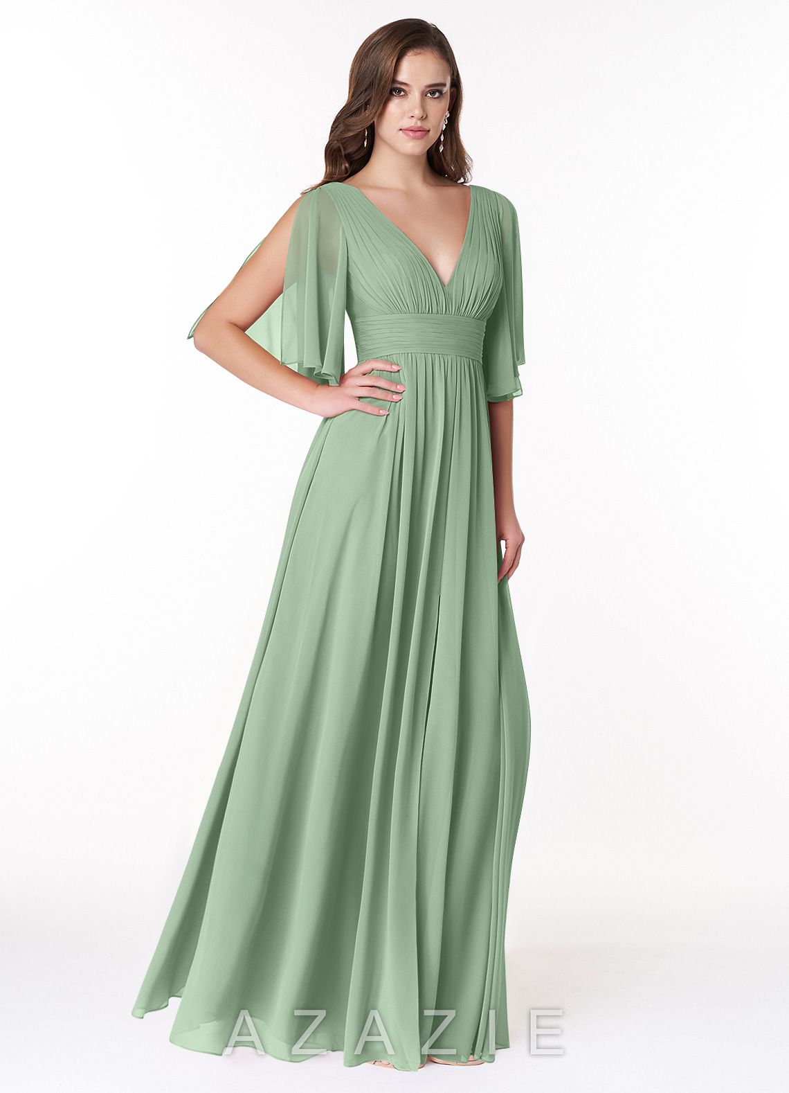 Azazie Temeka Matcha A-Line Ruched Chiffon Dress matcha
