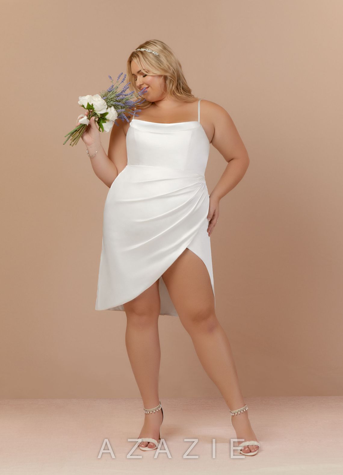 Azazie Katiya Diamond White Sheath Cowl Neckline Pleated Stretch Satin Dress diamond_white