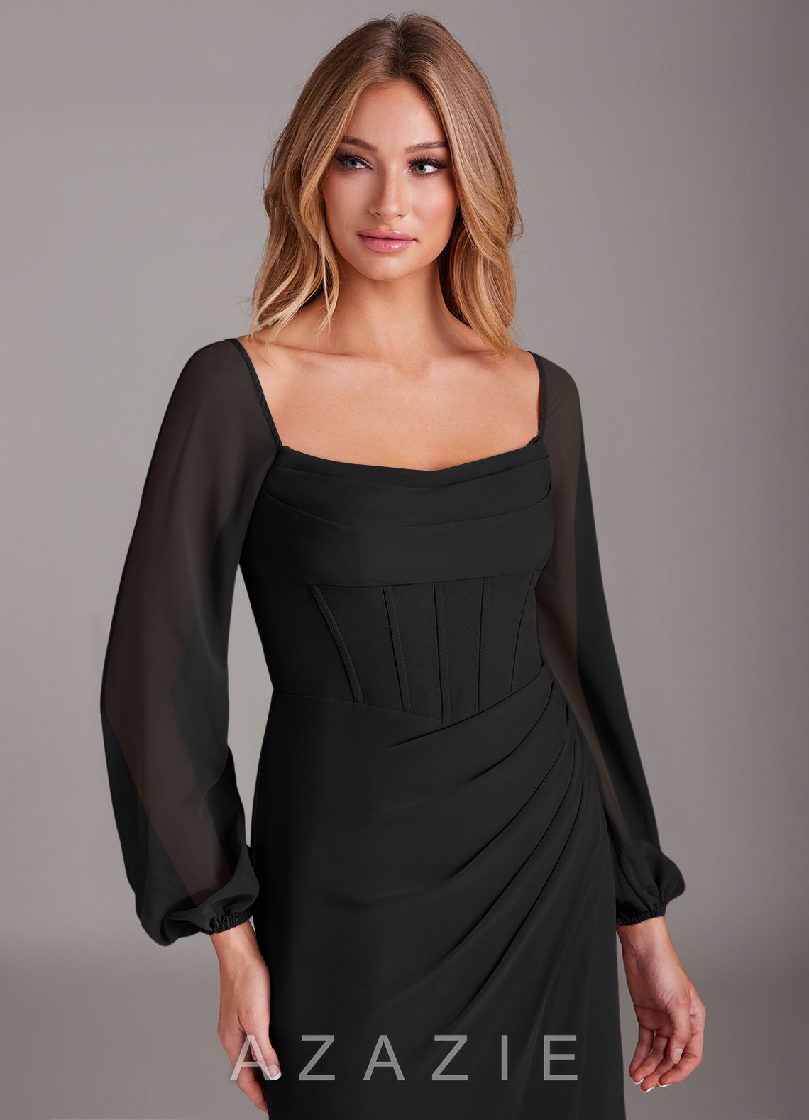 Azazie Charissa Black Sheath Long Sleeve Chiffon Dress black
