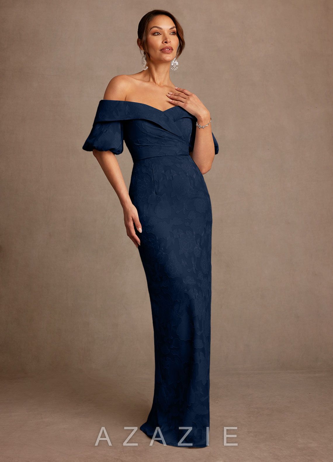 Azazie Golda Dark Navy Sheath Off the Shoulder Floral Burnout Dress dark_navy