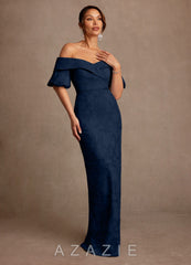 Azazie Golda Dark Navy Sheath Off the Shoulder Floral Burnout Dress dark_navy