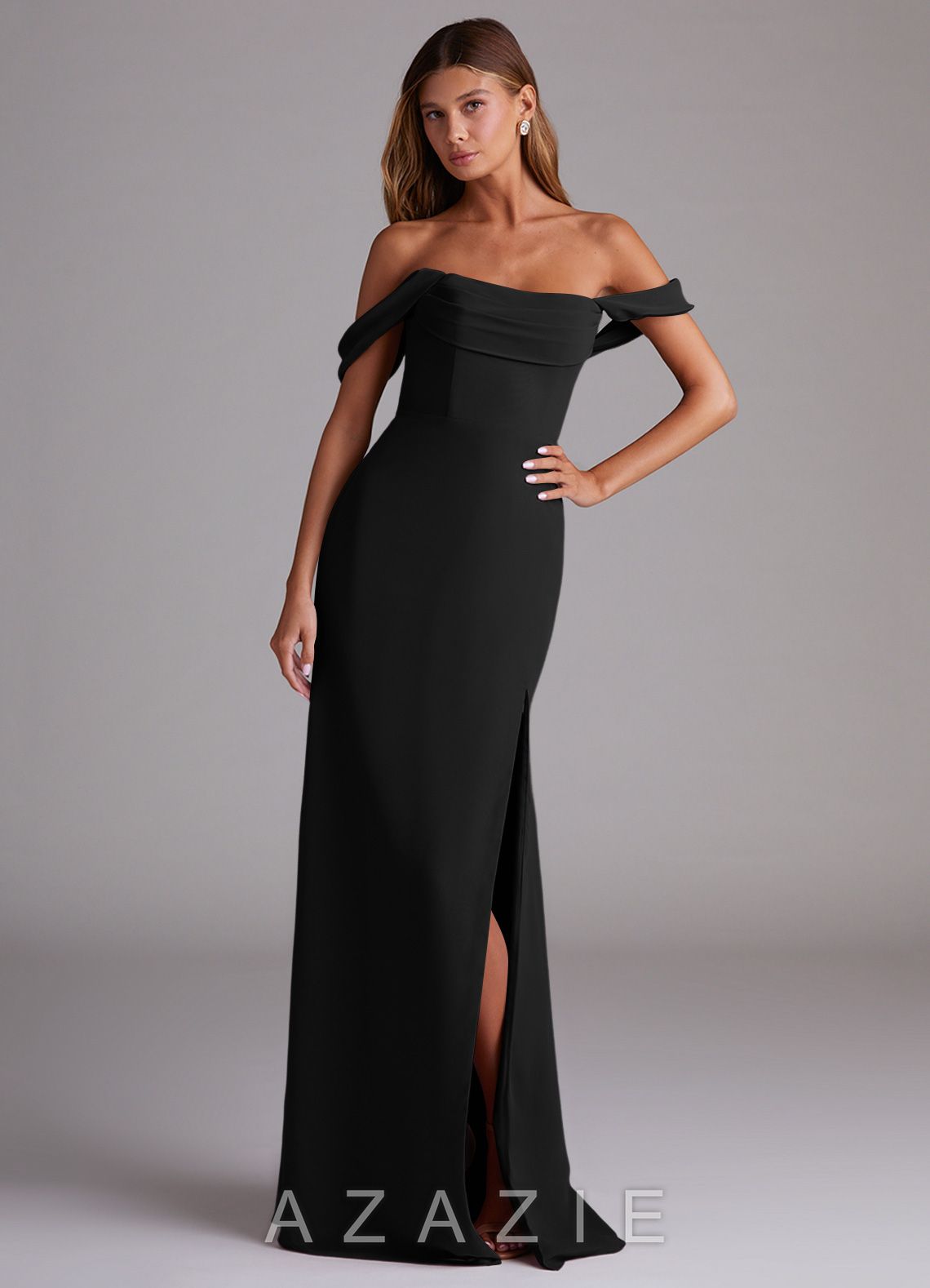 Azazie Saige Black A-Line Off the Shoulder Chiffon Convertible Dress black